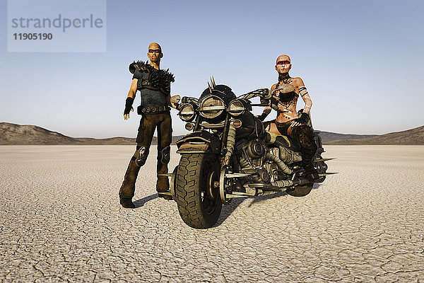 Futuristische Straßenkrieger auf dem Motorrad in der Wüste