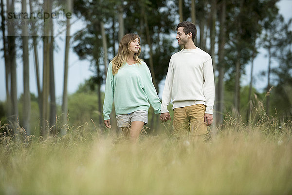 Junges Paar geht Hand in Hand durch hohes Gras
