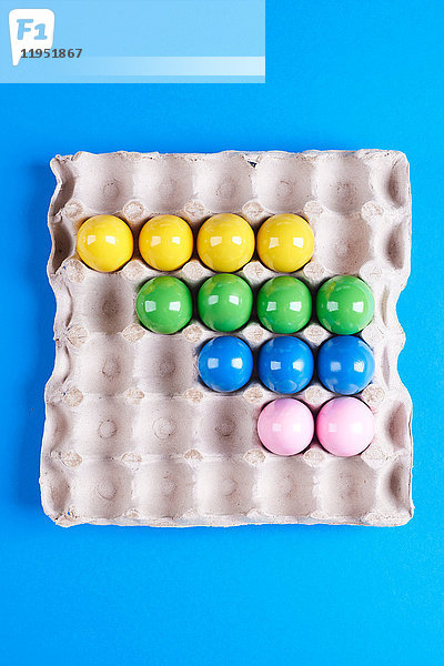Draufsicht auf mehrfarbig bemalte Eier im Tablett auf blauem Hintergrund
