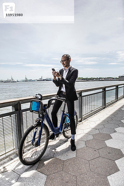 Mittelgroßer erwachsener Geschäftsmann auf dem Fahrrad schaut auf ein Smartphone entlang der Uferpromenade der Stadt
