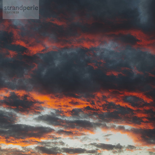 Schwarze Wolken am Himmel  von der untergehenden Sonne orange und rot gefärbt.