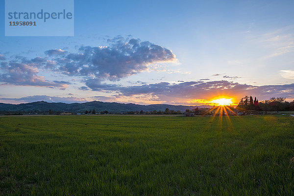 Sonnenuntergang über Feldern  Gubbio  Umbrien  Italien  Europa