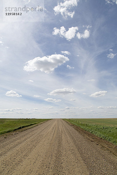 Wolken und blauer Himmel über einem Feldweg in den Badlands von Alberta  nahe Drumheller  Alberta  Kanada  Nordamerika