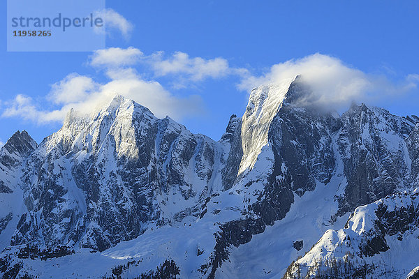 Felsgipfel Badile und Cengalo mit Schnee bedeckt im Frühling  Soglio  Bergell  Kanton Graubünden  Schweiz  Europa