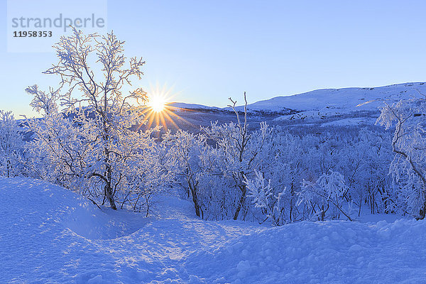 Die Sonne geht über den Gipfeln an der Grenze zwischen Schweden und Norwegen auf  Riskgransen  Norbottens Ian  Lappland  Schweden  Skandinavien  Europa