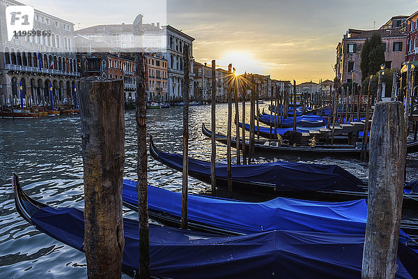 Gondeln vertäut auf einem Kanal in Venedig  Italien  bei Sonnenaufgang.