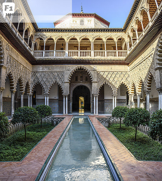 Innenhof der Jungfrauen  Innenhof mit Kolonnade und Teich  Alcazar de Sevilla  Andalusien  Spanien.