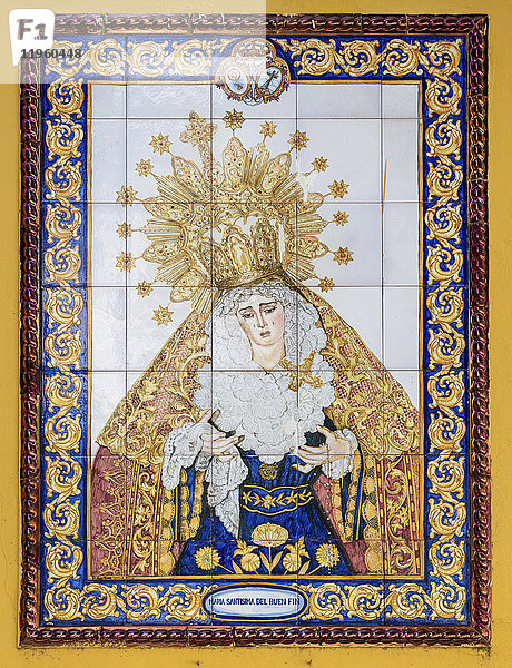 Religiöses Wandbild der Maria Santísima del Buen Fin in Sevilla.