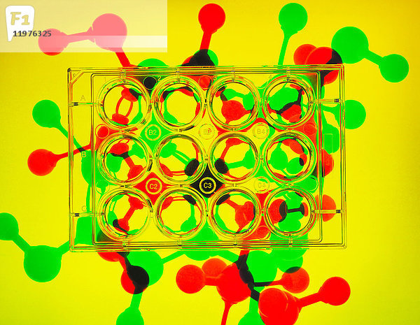 Fotogramm. Multiwell-Platten mit Proben  molekulares Modell der Arzneimittelformel im Hintergrund zur Veranschaulichung bahnbrechender pharmazeutischer Forschung