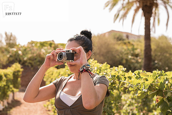 Reife Winzerin fotografiert im Weinberg  Las Palmas  Gran Canaria  Spanien