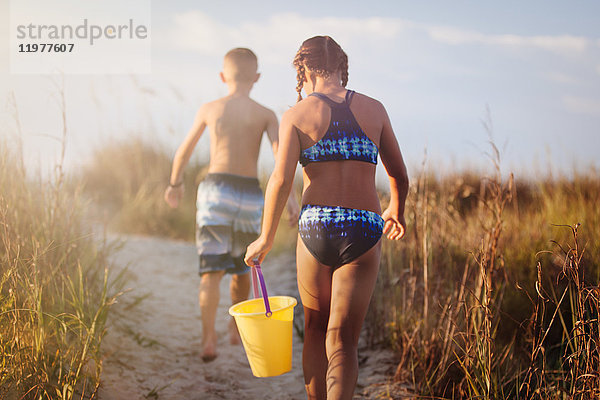 Rückansicht eines Mädchens und eines Jungen  die über eine Grasdüne gehen  North Myrtle Beach  South Carolina  Vereinigte Staaten  Nordamerika