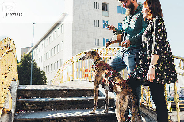 Cooles Paar mit Hund auf dem Steg schaut sich Smartphone an