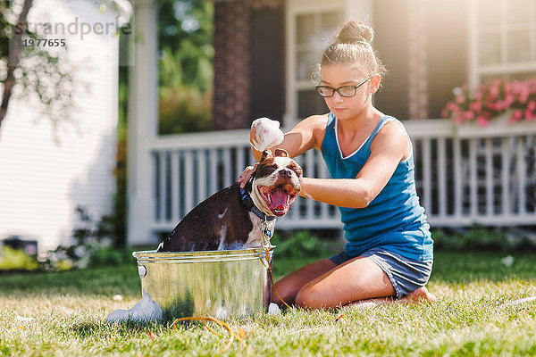 Mädchen wäscht Hund im Eimer