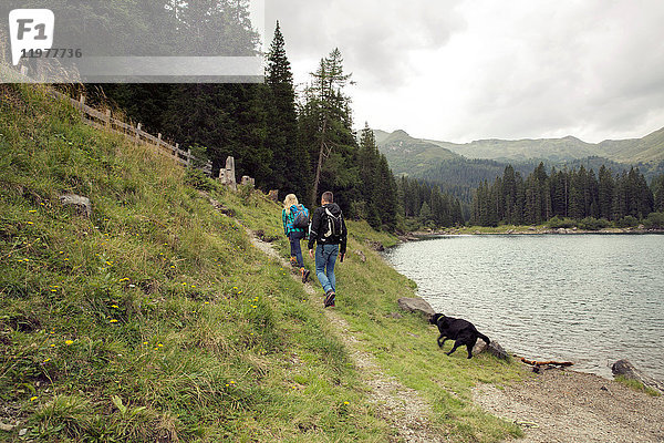 Paar mit Hund beim Wandern am See  Tirol  Steiermark  Österreich  Europa