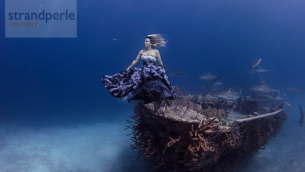 Unterwasseraufnahme einer Frau in violettem Kleid  die von einem schiffbrüchigen Boot angegriffen wird  Bahamas