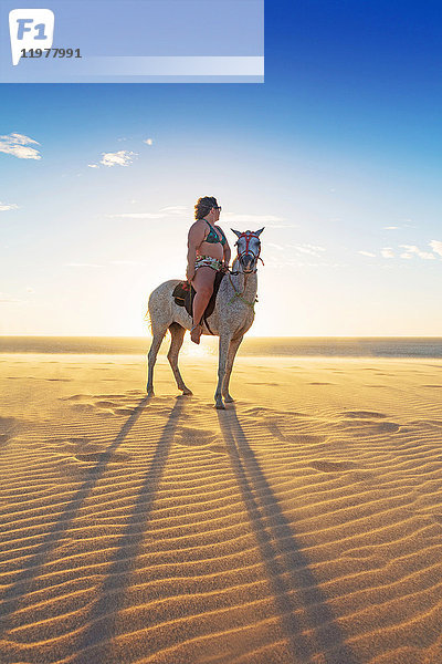 Frau reitet Pferd am Strand  Seitenansicht  Jericoacoara  Ceara  Brasilien  Südamerika