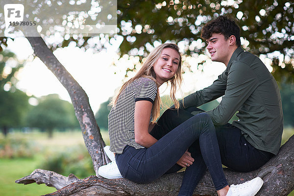 Porträt eines jungen Paares auf einem Ast im Feld sitzend