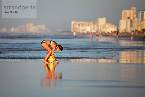 Mädchen am Strand beim Muschelpflücken  North Myrtle Beach  South Carolina  Vereinigte Staaten  Nordamerika