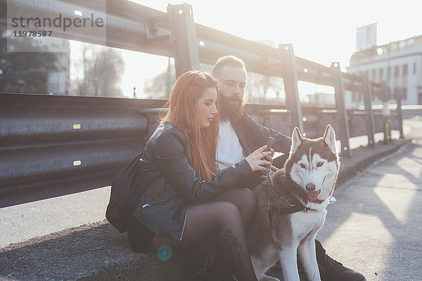 Paar sitzt mit Hund und schaut auf Smartphone