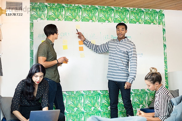 Junger Geschäftsmann zeigt auf Whiteboard in kreativem Besprechungsraum