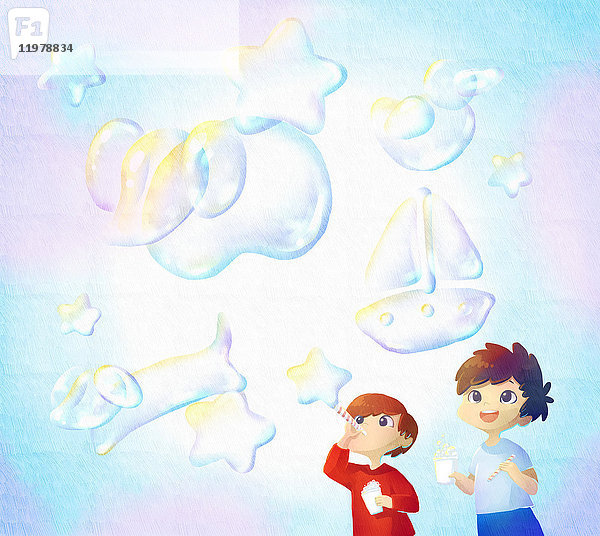 Illustration von glücklichen Kindern  die im Freien Seifenblasen blasen.