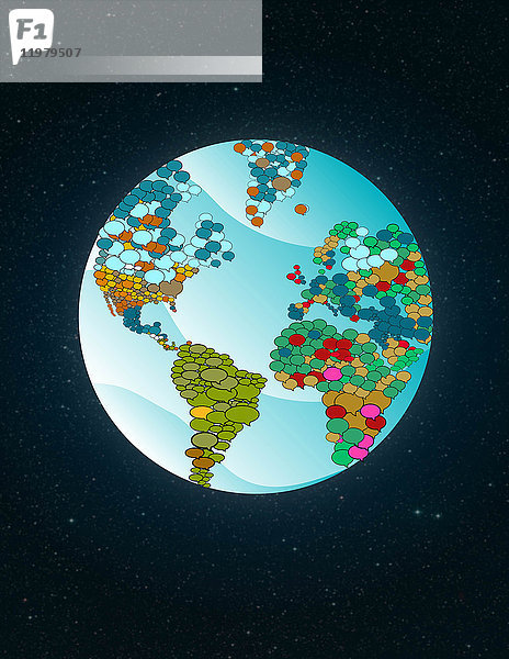 Illustration der Erde mit Sprechblasen  die ein soziales Netzwerk darstellen.
