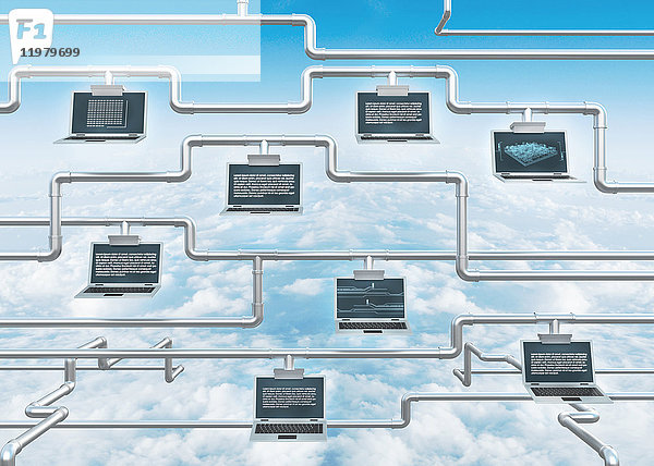 Illustration eines Laptops  der an Rohren befestigt ist  die das Cloud Computing darstellen.