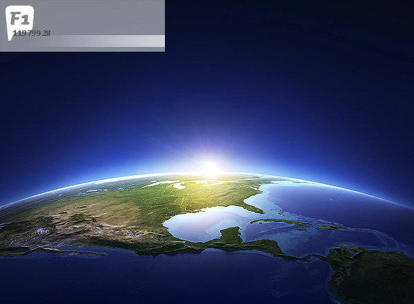 Planet Erde bei Sonnenaufgang  Illustration. (Elemente dieses 3D gerenderten Bildes wurden von der NASA zur Verfügung gestellt).