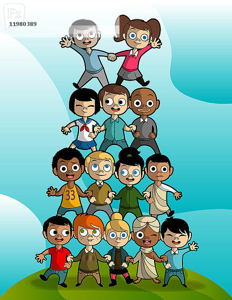 Illustration von multiethnischen Kindern  die eine Pyramide bilden.