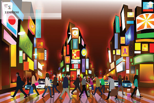 Illustration von Menschen zu Fuß auf Zebrastreifen mit beleuchteten Gebäuden  die den Times Square in New York City bei Nacht darstellen.