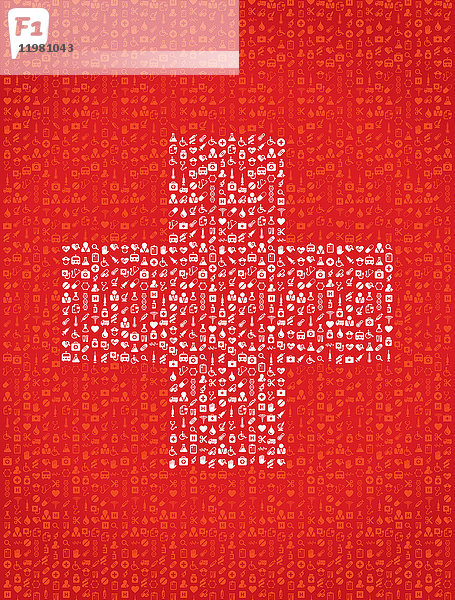 Illustration des Plus-Symbols aus medizinischen Geräten auf rotem Hintergrund.
