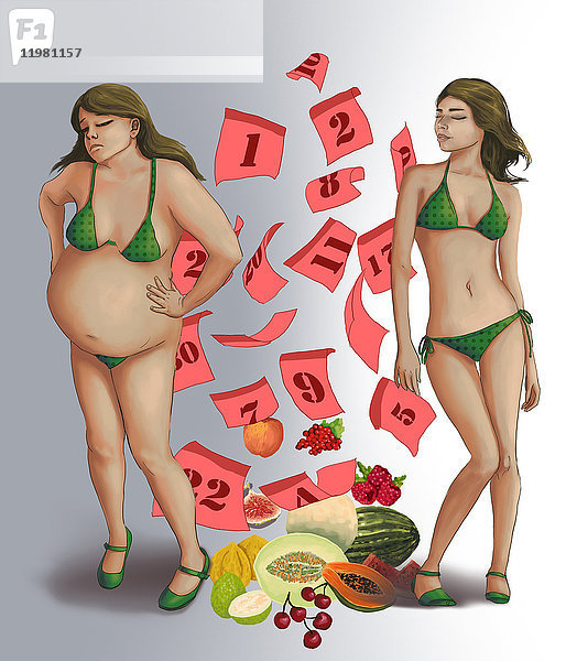 Konzeptuelle Illustration des Vorher-Nachher-Effekts von Gewicht mit Hilfe von Früchten  die eine gesunde Diät darstellen.