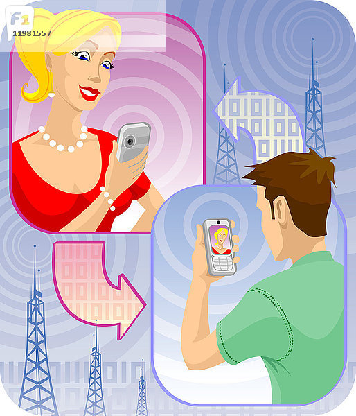 Mann Video-Voice-Chat über Handys mit einer Frau  Illustration.