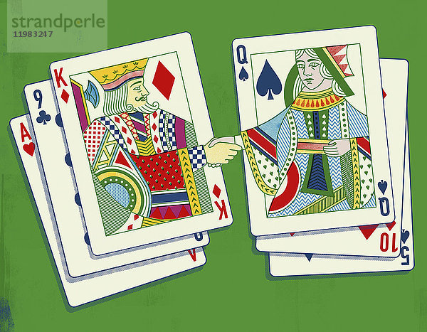König und Königin schütteln sich die Hände aus zwei Spielkartenblättern