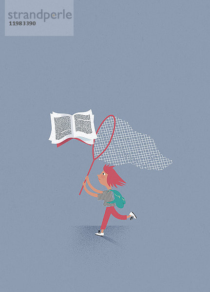 Junges Mädchen jagt fliegendes Buch mit Schmetterlingsnetz