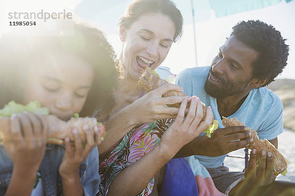 Multi-ethnische Familie isst Baguette-Sandwiches am sonnigen Strand