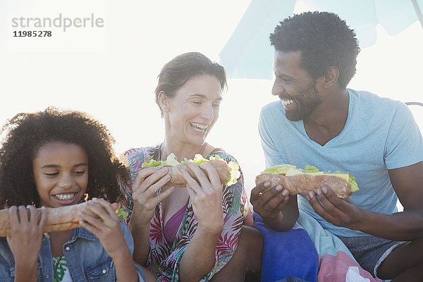 Multiethnische Familie isst Baguette-Sandwiches