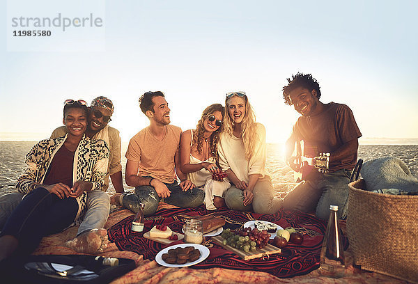 Portrait junge Freunde beim Picknick am sonnigen Sommerstrand