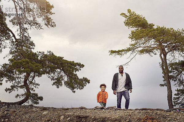 Vater und Sohn gehen inmitten von Bäumen gegen den Himmel