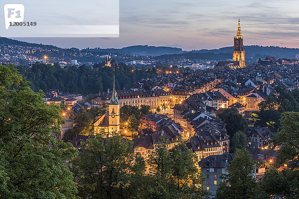 Schweiz  Bern  Stadtbild mit beleuchteter Nydeggkirche und Münster bei Abenddämmerung