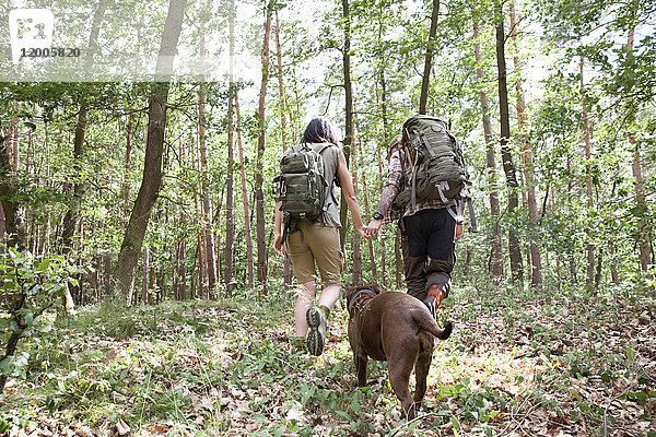 Paar mit Rucksack und Hund auf Wanderung im Wald