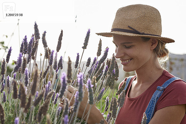 Lächelnde Frau mit Strohhut im Lavendelfeld