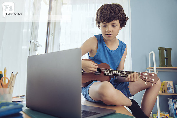 Junge benutzt Laptop  um einen Song auf einer Ukulele zu spielen.