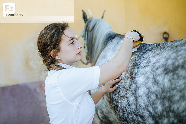 Junge Frau bei der Pferdepflege