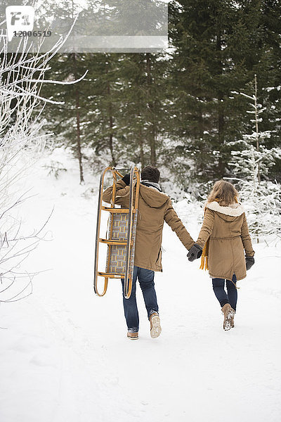 Rückansicht des jungen Paares mit Schlitten im Winterwald