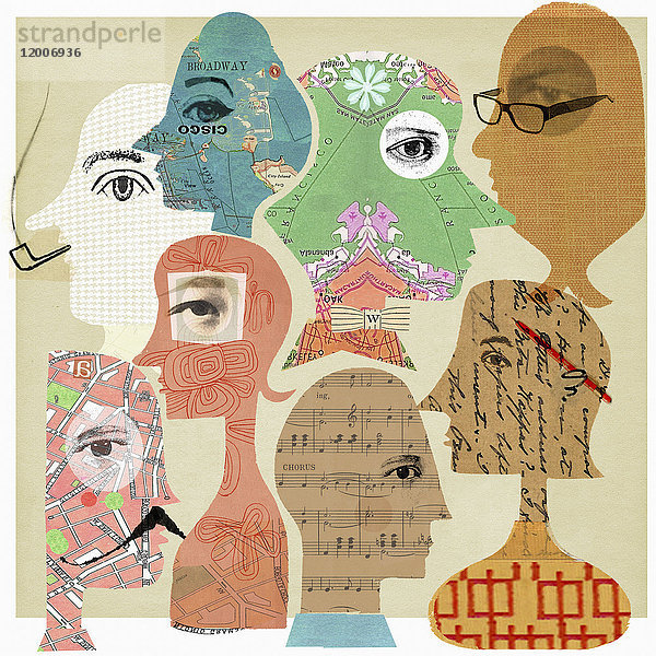 Collage von Gesichtern mit Mustern in den Köpfen