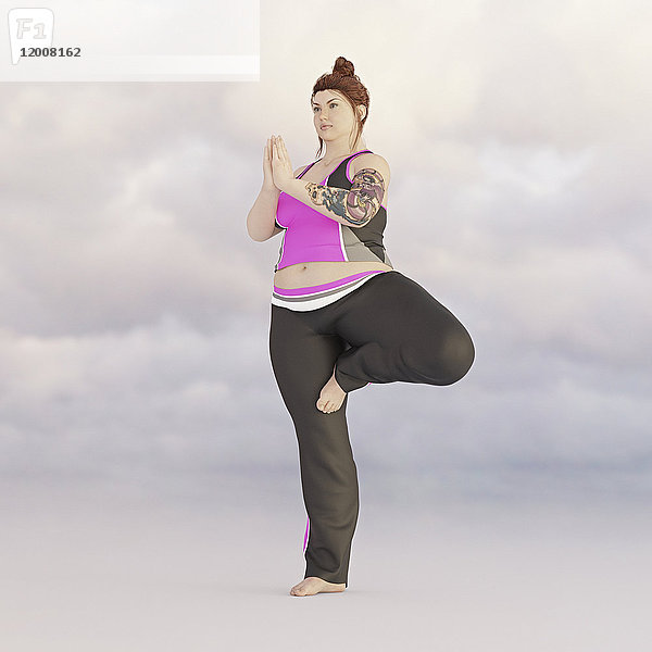 Übergewichtige Frau beim Yoga im Himmel