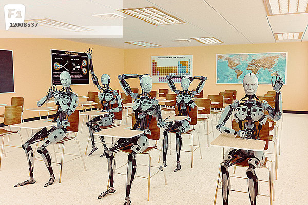 Roboter Studenten sitzen im Klassenzimmer und heben die Hände