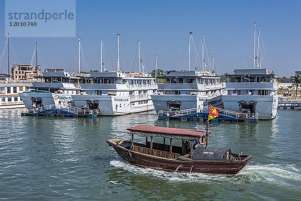 Vietnam  Ha Long Bay  Kreuzfahrtschiffe und Dschunken im Hafen der Insel Tuan Chan (UNESCO-Welterbe)