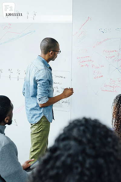 Geschäftsmann schreibt in einer Besprechung auf ein Whiteboard